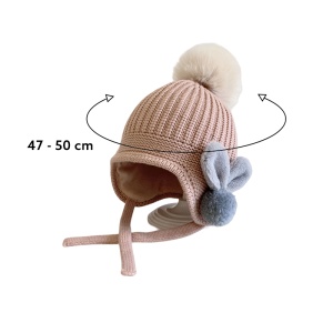 Caciula pentru copii, model cu pom pom si prindere reglabila sub barbie, accesorizata cu iepurasi la urechi, tematica little bunny in the winter, 1 – 3 ani, roz - Img 4