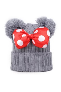 Caciula pentru copii, model cu urechiuse pom pom si funda chic, marime universala, gri - Img 2