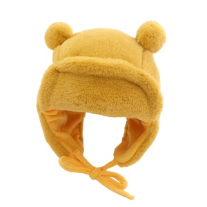 Caciula pentru copii, model cu urechiuse si prindere reglabila, usor elastica la spate, tematica I’m a fluffy bear, 3 – 6 ani, galbena