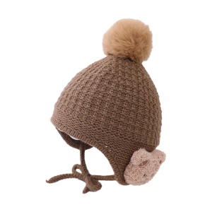Caciula pentru copii, model pom pom si ursulet la urechi, prindere sub barbie reglabila, tematica prietenul meu blanos, 1 – 2 ani, maro