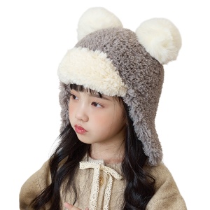 Caciula pentru copii, prelungire cu urechi, model pom pom calduros, prindere sub barbie, tematica cute and funny, 4 – 10 ani, gri