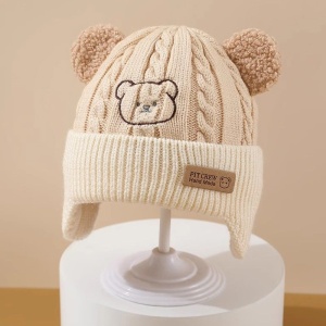 Caciula pentru copii, prelungire pentru urechiuse, imprimeu ursulet, model cute, tematica happy little bear, 6 luni – 3 ani, bej - Img 2