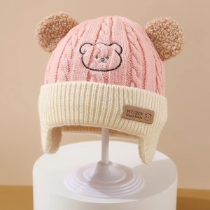 Caciula pentru copii, prelungire pentru urechiuse, imprimeu ursulet, model cute, tematica happy little bear, 6 luni – 3 ani, roz - Img 2