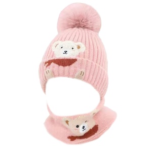 Caciula pentru copii, set doua piese, model pom pom si fulat asortat, tematica familie prietenoasa de ursuleti, 1 – 3 ani, roz