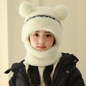 Caciula pentru copii, tip cagula cu guler, model pufos cu urechiuse ascutite, tematica fluffy cozy bear, 1 – 4 ani, alba - Img 2