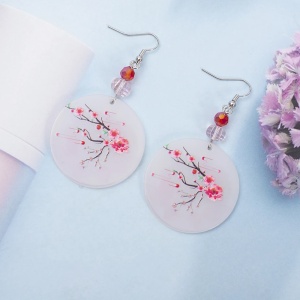 Cercei dama, model floral deosebit, pandantiv rotund, accesorii delicate, tematica asian flowers, albi - Img 4