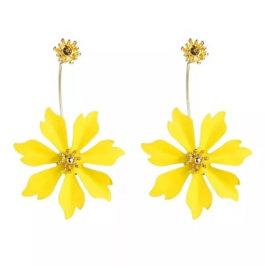 Cercei dama, model hawaian, floare galbena, cristale, detaliu auriu