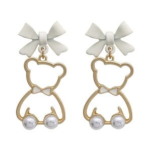 Cercei dama, model minimalist cu ursuleti, accesorizat cu fundite, tematica fancy bear, albi