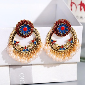 Cercei dama, model retro indian, cu accesorii perlute, rotunzi, rosii - Img 2