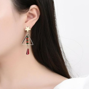 Cercei dama, tematica de Craciun, model vesel si colorat, bradut cu accesoriu tip ornament, aurii - Img 3