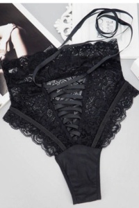 Chilot sexy, talie inalta, inchidere cu snur la spate, negru - Img 3