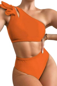 Costum de baie dama, 2 piese, model cool seducator, top tip bustiera cu prindere pe un umar si chilot talie inalta, tematica sexy elegant summer portocaliu