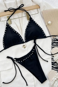 Costum de baie dama, 2 piese, model cu perle negru - Img 4