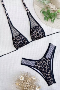 Costum de baie dama, 2 piese, model cu plasa si imprimeu animal print, tematica fashion and hot negru cu maro - Img 4