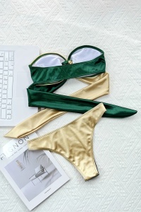 Costum de baie dama, 2 piese, model duo provocator, prindere reglabila crossbody, accesorii rotunde, chilot decupaj clasic croi ingust, tematica beach queen verde cu auriu - Img 4