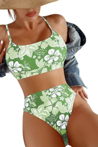 Costum de baie dama, 2 piese, model floral, sutien tip bustiera si chilot cu talie inalta verde