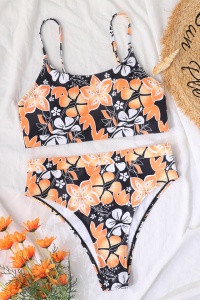 Costum de baie dama, 2 piese, model floral, sutien tip bustiera si chilot cu talie inalta negru - Img 3