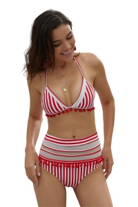 Costum de baie dama, 2 piese, model happy elegant cu ciucurei alb cu rosu