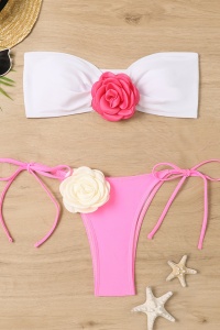 Costum de baie dama, 2 piese, model minimalist elegant si sexy, culori incitante, accesorizat cu flori asortate in contrast, sutien tip bustiera si chilot reglabil, tematica flower bloom roz - Img 3