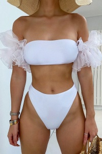 Costum de baie dama, 2 piese, model pom pom provocator, sutien tip bustiera si chilot talie inalta, accesorii voluminoase chic pentru brate, tematica sexy fancy summer alb - Img 4