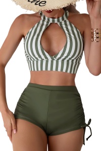 Costum de baie dama, 2 piese, model retro incitant, sutien cu taietura provocatoare la decolteu si pantaloni scurti reglabili pe parti, tematica sexy summer vibe verde