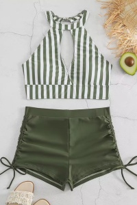 Costum de baie dama, 2 piese, model retro incitant, sutien cu taietura provocatoare la decolteu si pantaloni scurti reglabili pe parti, tematica sexy summer vibe verde - Img 4