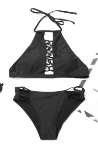 Costum de baie dama, 2 piese, model sexy black summer senzual, sutien cu decolteu inalt si detaliu tip impletitura negru - Img 4