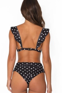 Costum de baie dama, 2 piese, model sexy trendy cu buline, sutien cu volanas, decolteu adanc in V si chilot cu talie inalta negru - Img 2