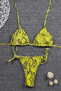 Costum de baie dama, 2 piese, model snake print, cupe triunghiulare si chilot reglabil galben - Img 2