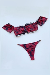 Costum de baie dama, 2 piese, model vintage elegant, cu maneci atasate si accesorii metalice rosu - Img 2