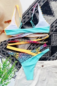 Costum de baie dama, 2 piese, multicolor cu imprimeu animal print, slip brazilian, sutien cu push-up - Img 4