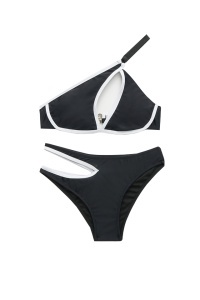 Costum de baie dama, 2 piese, negru, slip brazilian si sutien reglabil cu prindere pe un umar RO