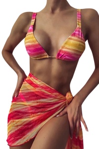 Costum de baie dama, 3 piese, motiv vesel cu dungi, portocaliu cu rosu, slip brazilian, sutien reglabil si esarfa tip fusta