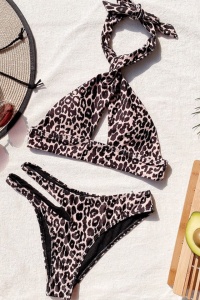 Costum de baie dama, animal print, maro, 2 piese, slip brazilian si sutien cu prindere in V - Img 3