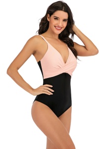 Costum de baie dama, o piesa, clasic cu croi chic, model delicat roz cu negru - Img 3