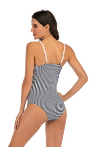 Costum de baie dama, o piesa, clasic cu croi chic, model dungi roz - Img 2