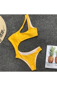 Costum de baie dama, o piesa, galben, slip tanga si sutien cu prindere pe un umar® - Img 3