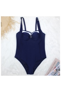 Costum de baie dama, o piesa, model clasic, cu accesoriu la decolteu albastru - Img 4