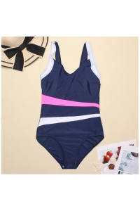 Costum de baie dama, o piesa, model clasic, cu detalii dungi care nuanteaza talia roz - Img 4