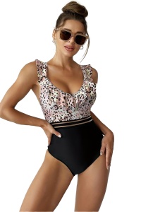 Costum de baie dama, o piesa, model cozy cu volanas la decolteu, imprimeu animal print, tematica wild summer roz