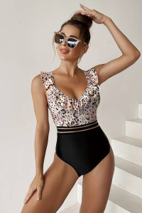 Costum de baie dama, o piesa, model cozy cu volanas la decolteu, imprimeu animal print, tematica wild summer roz - Img 4