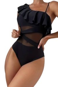 Costum de baie dama, o piesa, model cu volanas pe un umar, semitransparent la abdomen, chilot decupaj clasic croi ingust, tematica sexy and hot negru