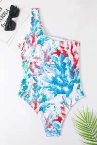Costum de baie dama, o piesa, model happy summer wild splash, prindere fixa pe un umar albastru - Img 2