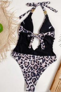 Costum de baie dama, o piesa, model sexy, decolteu adanc in V imprimeu animal print, alb - Img 2