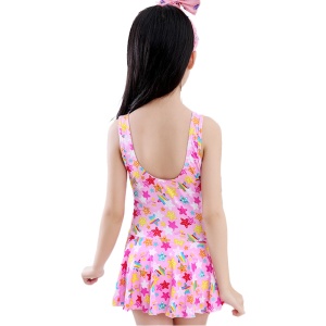 Costum de baie intreg pentru fetite, body cu fustita, model chic elegant, tematica stelute jucause, roz - Img 2