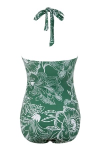 Costum de baie, o piesa, model clasic elegant, prindere dupa gat, decolteu adanc si spate gol, chilot decupaj clasic, tematica I love flowers verde - Img 2
