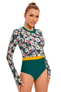 Costum de baie, o piesa, model confortabil, maneca lunga cu sustinere pe deget, ideal pentru sporturi de apa, tematica active summer verde - Img 4