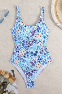 Costum de baie, o piesa, model delicat, prindere la spate metalica si chilot decupaj clasic, imprimeu floral, tematica romatic summer albastru multicolor - Img 2