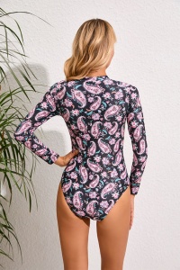 Costum de baie, o piesa, model elegant si comfy, maneci lungi si chilot decupaj clasic, tematica fantezie de culori negru - Img 2