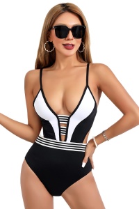 Costum de baie, o piesa, model elegant, sutien reglabil cu decolteu generos, detalii de contrast si chilot decupaj clasic, tematica summer style negru cu alb